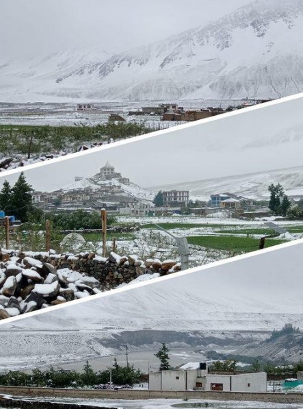 Three stacked views of a snow-covered Zanskar valley showing a village, a monastery on a hill, and a riverbank.